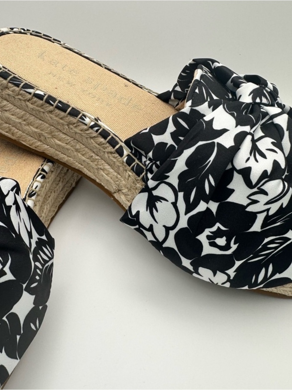 kate spade Black & White Floral Knot Espadrille Slides with Jute Platform - Picture 2 of 5